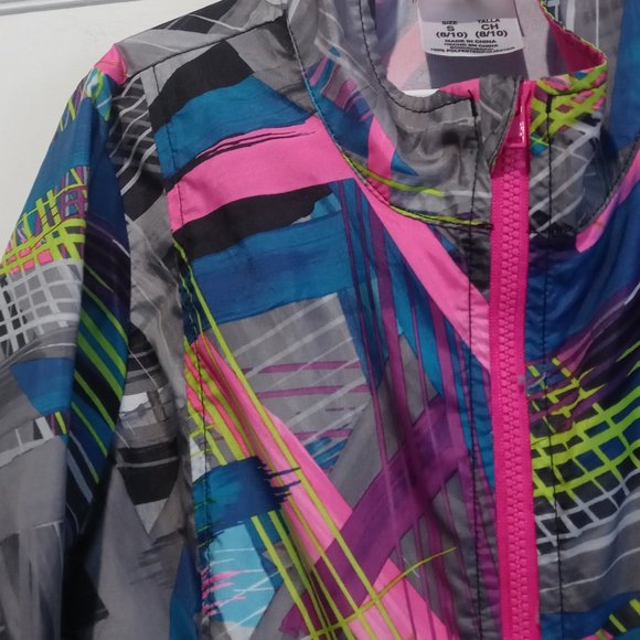 Adidas Girl's Windbreaker Geometric Neon Print Jacket Size S (8-10) - Picture 3 of 7